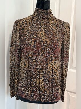 Tory Burch Brown, Black & Tan Animal-Print Mock Neck Long Sleeve Top
